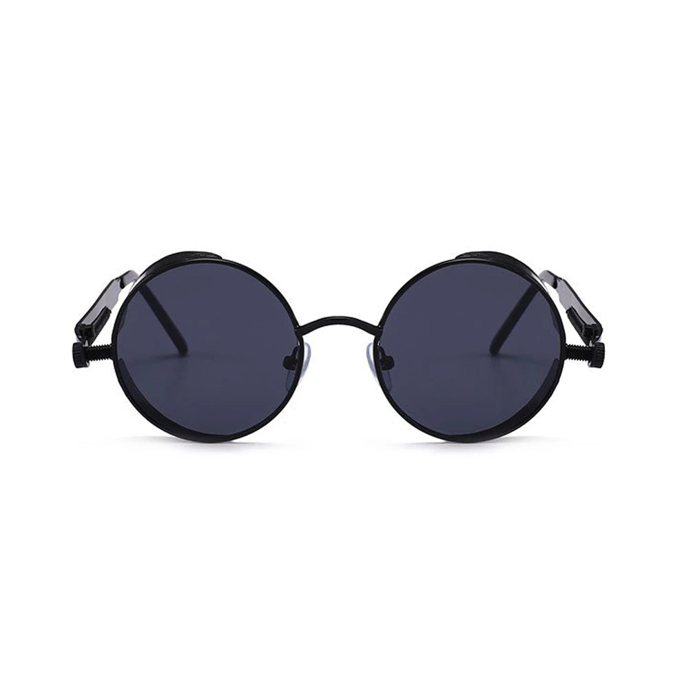 VIVIBEE vintage steampunk round red sunglasses for men and women with alloy metal frames and gothic style shades.