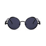 VIVIBEE vintage steampunk round red sunglasses for men and women with alloy metal frames and gothic style shades.