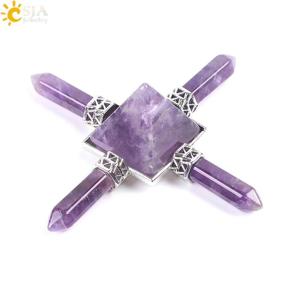 CSJA Reiki Healing Balance Indian Chakra 4 Point Pyramid Natural Gem Stone Energy Generator White Purple Crystal Obsidian E813