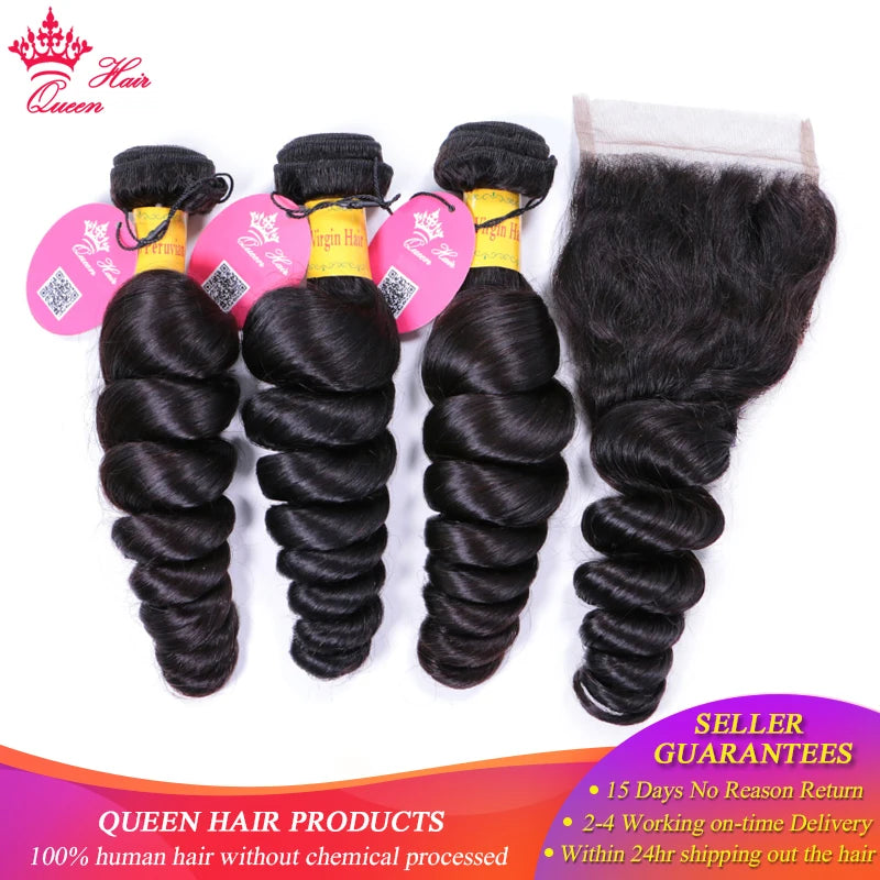 Queen Hair Products Peruvian Loose Wave Raw Hair Bundles With Closure Natural Color Bundles Virgin Human Hair with Lace Closure