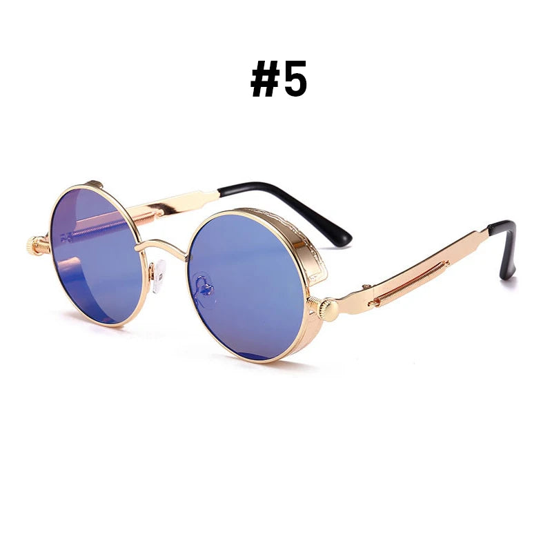 VIVIBEE vintage steampunk red sunglasses with round punk alloy metal frames for men and women, gothic style retro goggles.