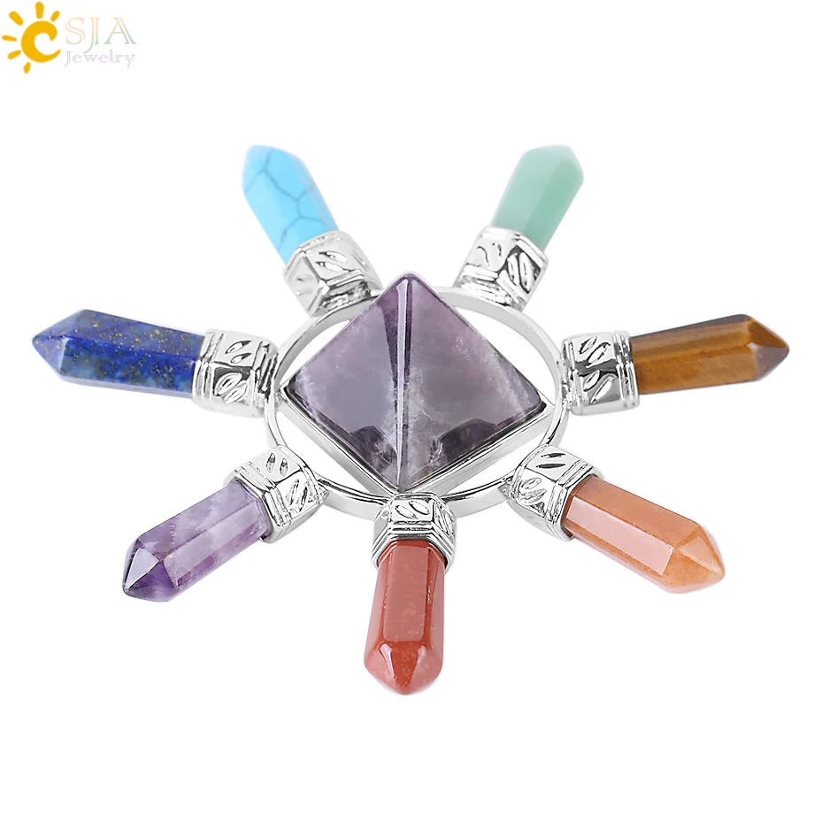 CSJA  7 Chakra Jewelry Energy Power Natural Stone Meditation Crystal Pyramid Hexagonal Prism for Men Women Yoga Healing F342