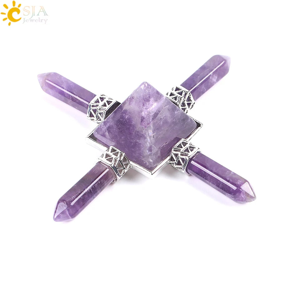 CSJA Reiki Healing Balance Indian Chakra 4 Point Pyramid Natural Gem Stone Energy Generator White Purple Crystal Obsidian E813