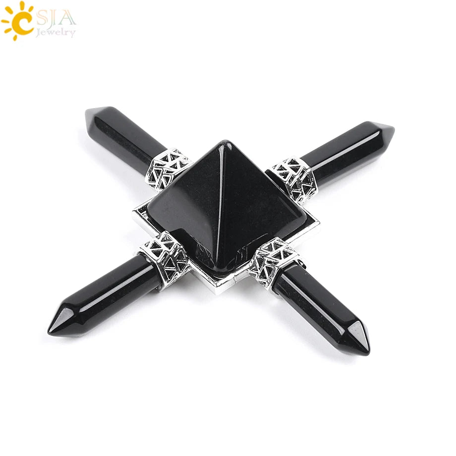 CSJA Reiki Healing Balance Indian Chakra 4 Point Pyramid Natural Gem Stone Energy Generator White Purple Crystal Obsidian E813