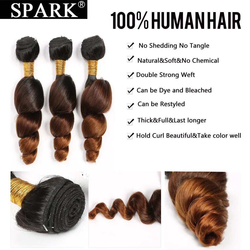 Spark Ombre Peruvian Loose Wave Bundles with Closure Remy Hair Extension Human Hair Bundles with Closure