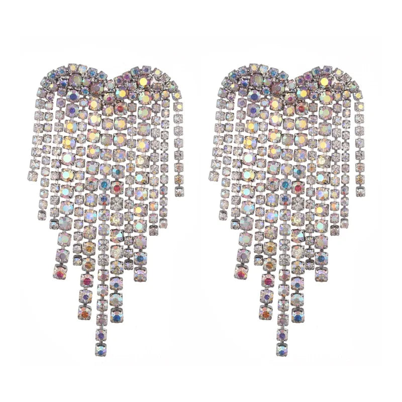 Heart chandelier earrings with rhinestones, featuring a dangling heart design for trendy style
