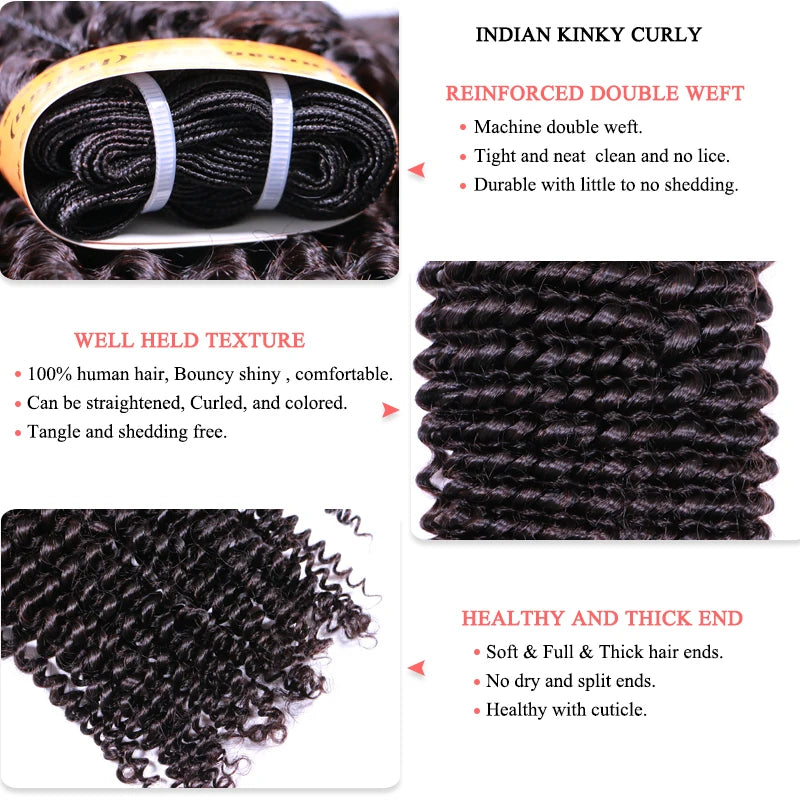 Queen Hair Products Extension 100% Virgin Human Raw Hair Weave Bundles With Closure Indian Kinky Curly Bundles With Lace Closure