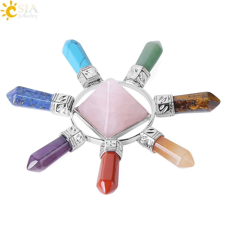 CSJA  7 Chakra Jewelry Energy Power Natural Stone Meditation Crystal Pyramid Hexagonal Prism for Men Women Yoga Healing F342
