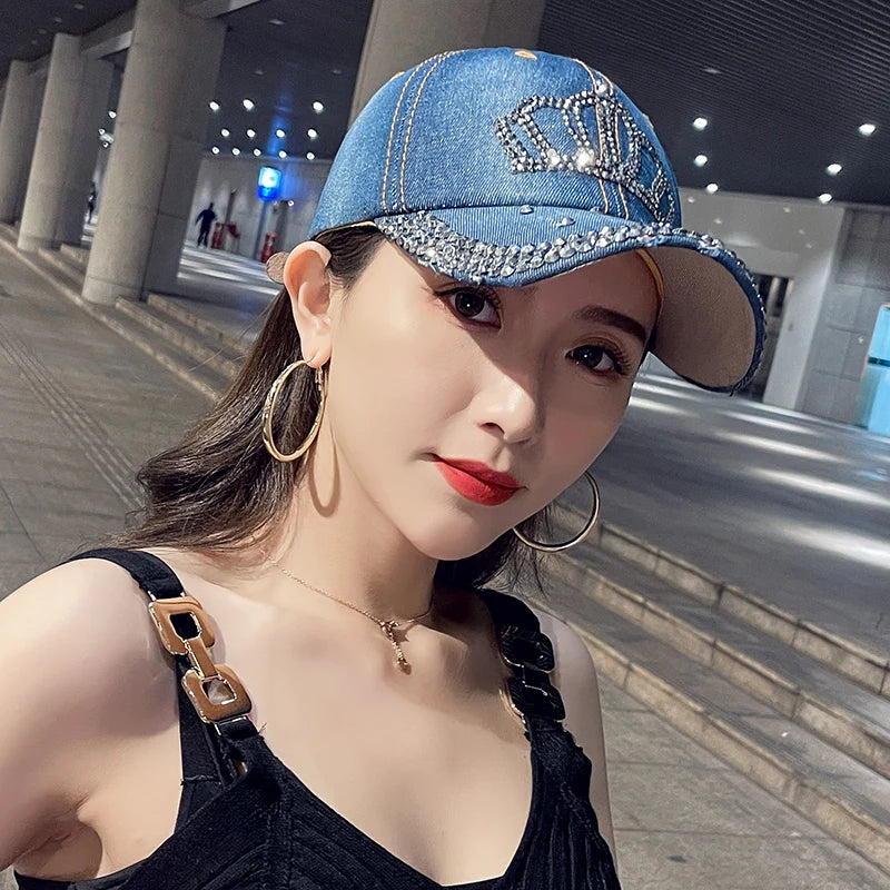 Women's COKK fashion cap, shiny denim cowboy-style baseball hat with adjustable fit for spring and summer sunshade