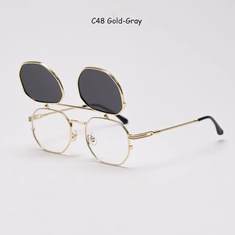 Polarized polygon flips-up sunglasses for women and men with UV400 protection, vintage punk style, by HSF Marketplace.