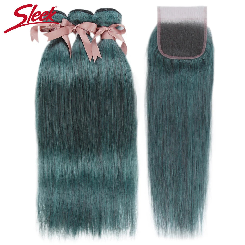 Sleek Brazilian Straight Hair Bundles With Closure S BLUE Hair Weave 10-26 Inches Remy Human Hair 3 Bundles With Closure