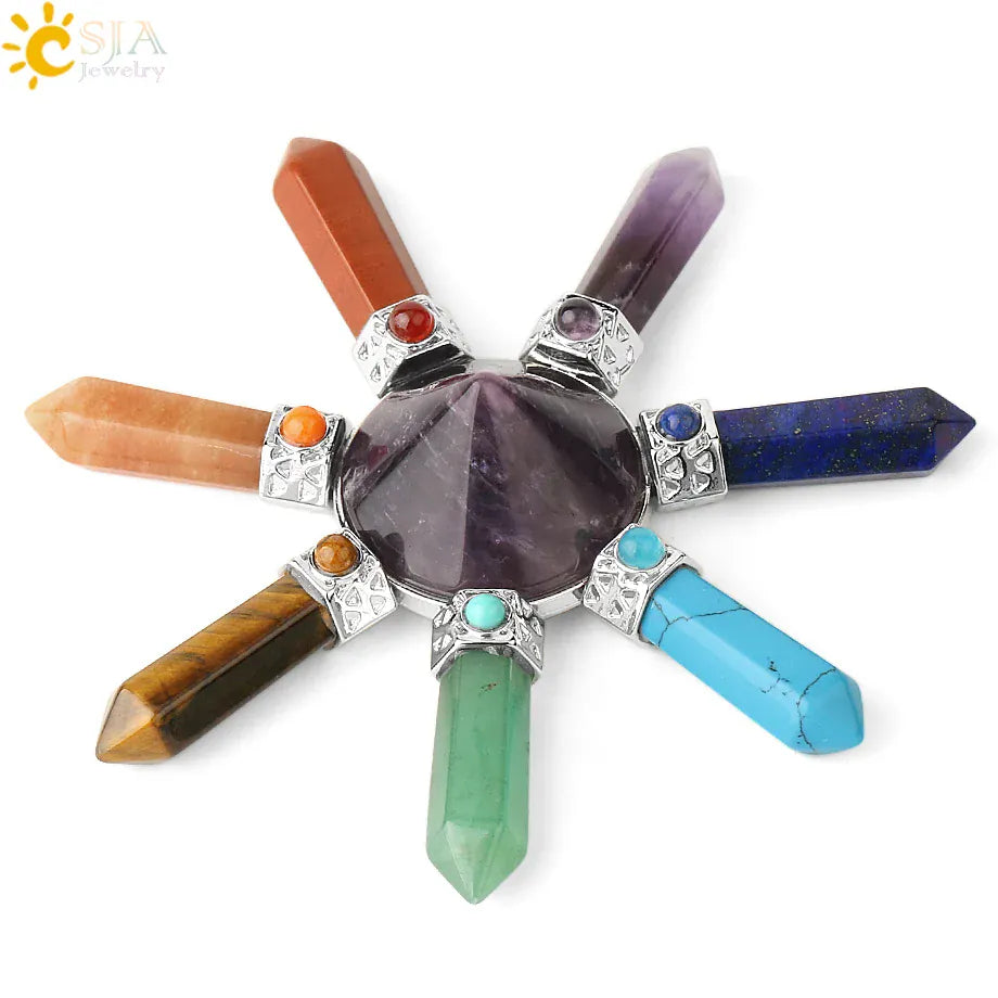 CSJA 7 Chakra Pyramid Decoration Healing Point Hexagonal Crystal Pillar Natural Stone Reiki Energy Meditation Jewelry Women G302