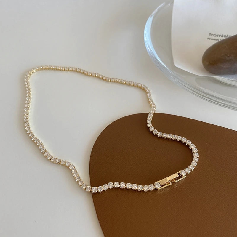 Iced Out Tennis Chain Necklaces Female Gold Color 18K Gold Plated Neck Chain For Women Fashion Jewelry Gift Chocker 2024