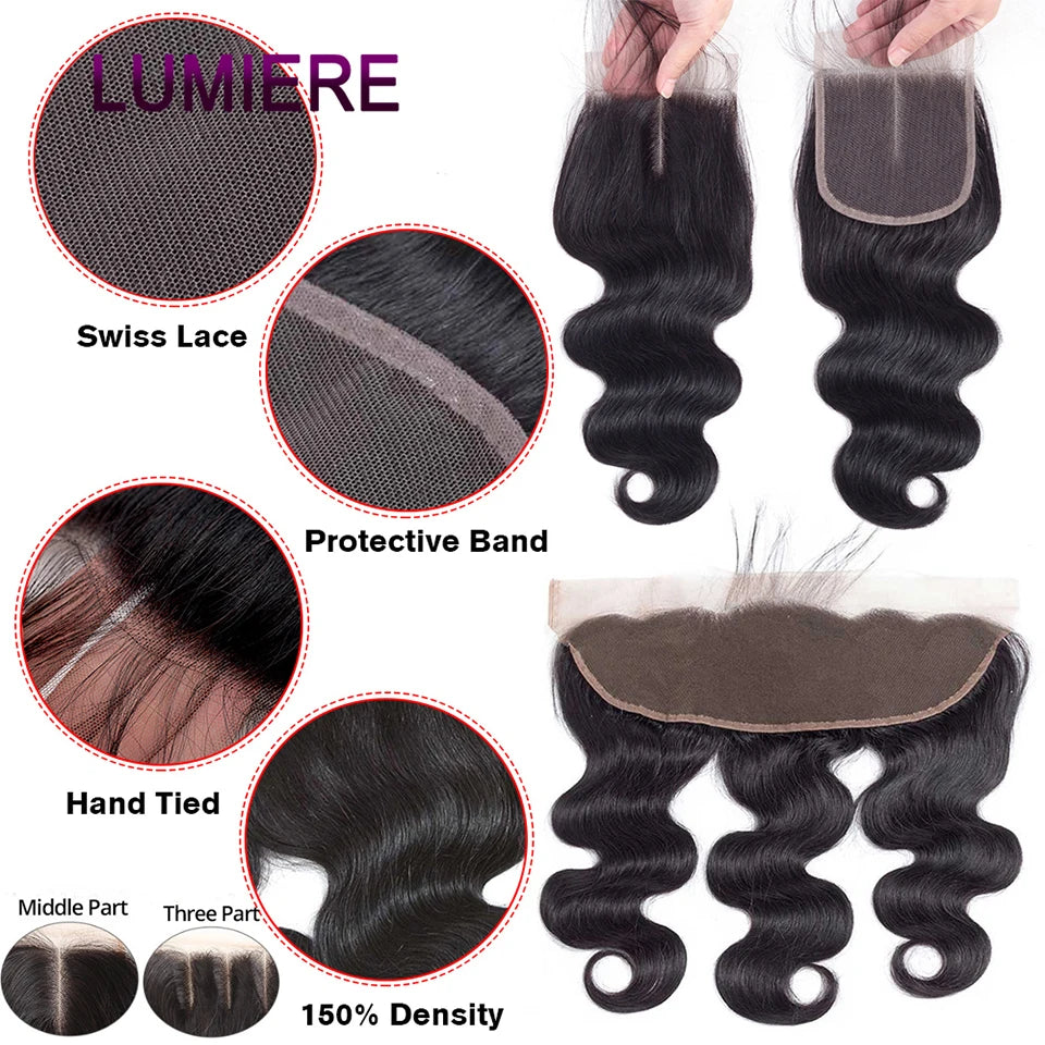 18A Body Wave Bundles With Closure Frontal HD Transparent Brazilian Virgin Raw Human Hair 3/4 Bundles Hair Extension Double Weft