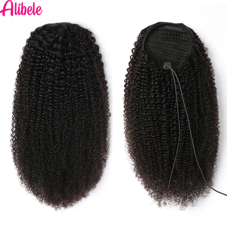 Alibele Mongolian Afro kinky curly drawstring ponytail human hair extension, 4B 4C Remy texture