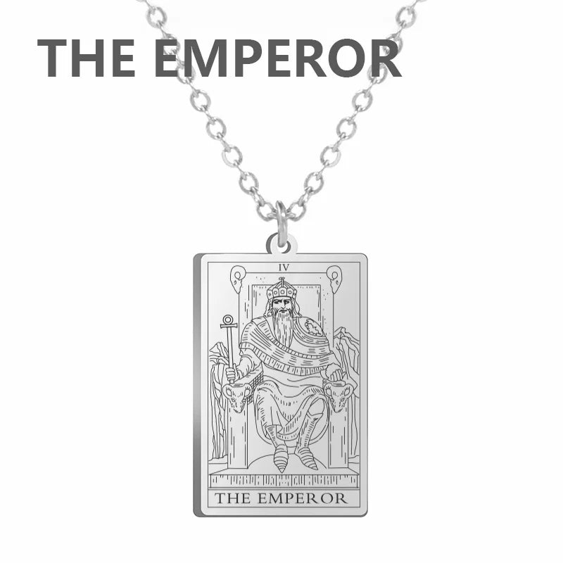 Stainless steel Dawapara Tarot Cards necklace featuring Major Arcana design, divination charm jewelry for women.