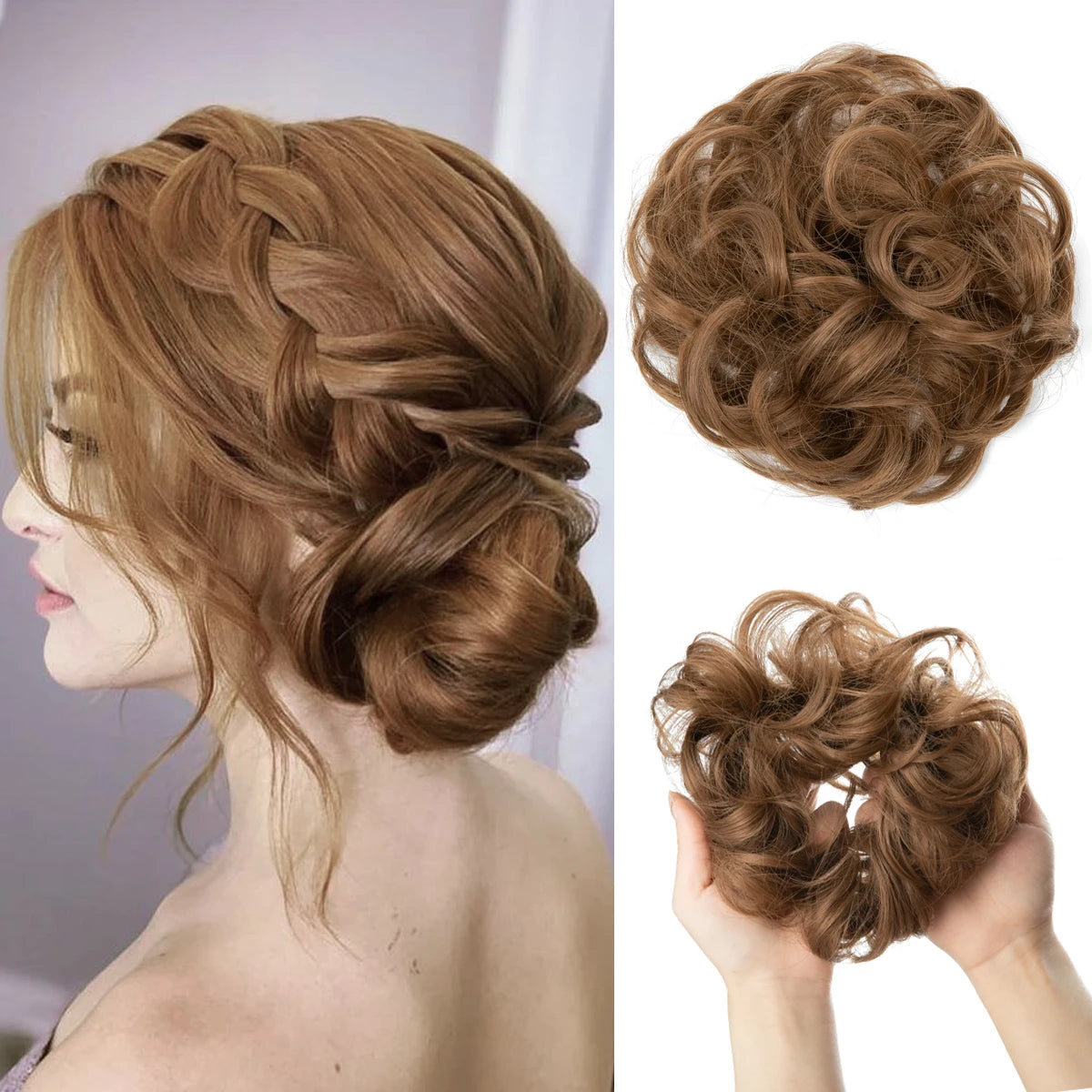 Synthetic messy curly hair bun extension scrunchie in a chignon updo style for women