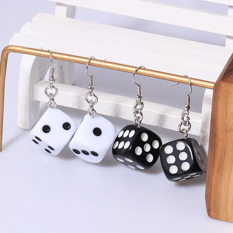 White and black square dice earrings for women, Aihua digital dice jewelry with playful numbered design
