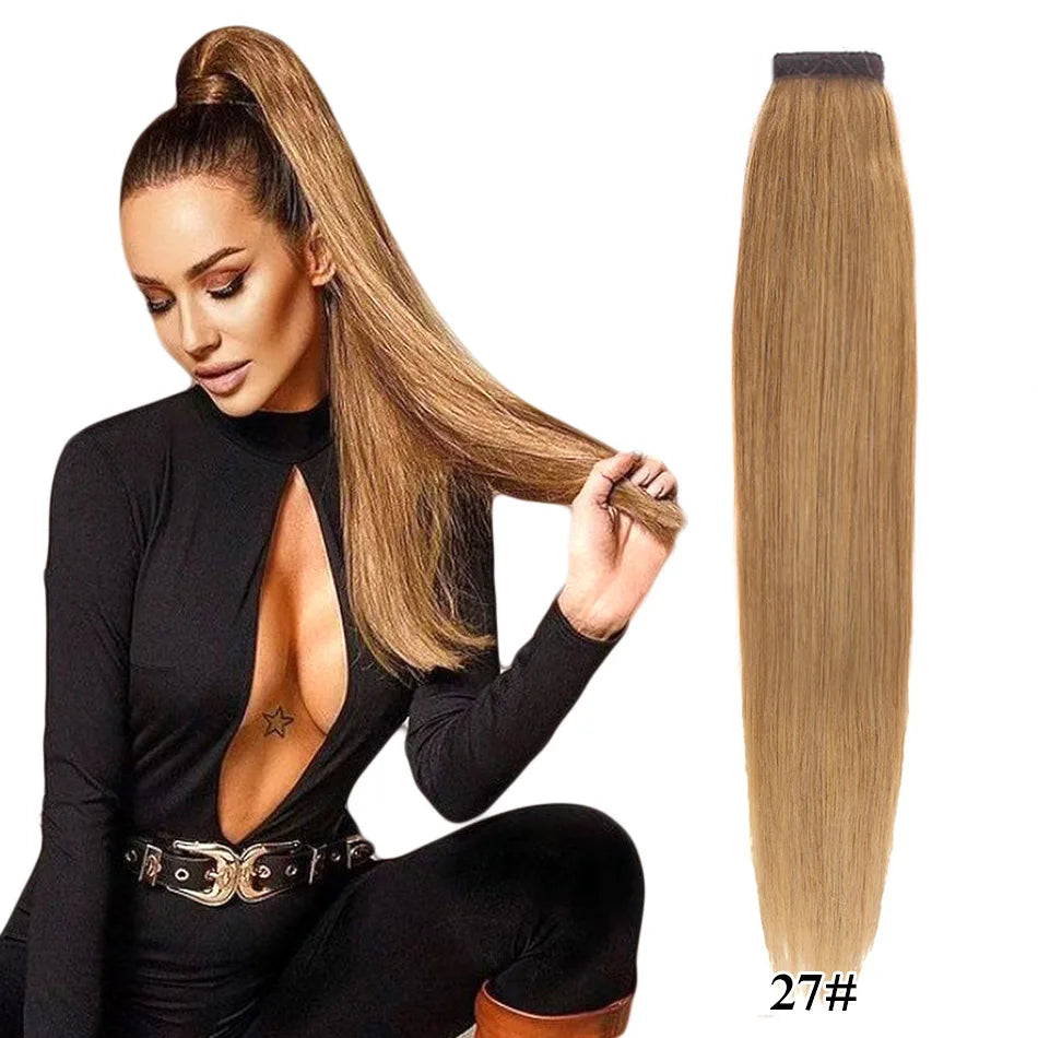 Brazilian Remy human hair clip-in ponytail extension, thick straight wrap-around hairpiece, 30–75cm