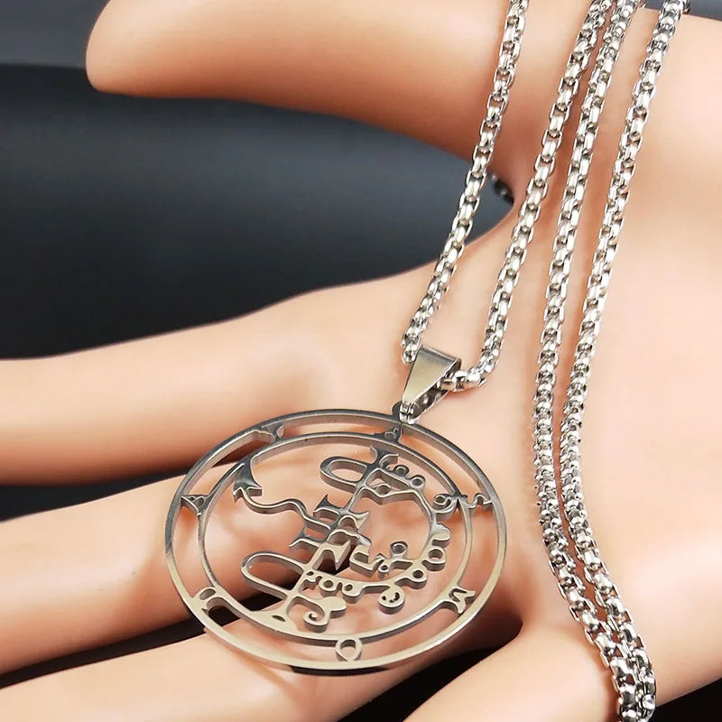 Stainless steel Satan necklace featuring Sigil De Lucifer, Baphomet stamp, and laser-etched chain jewelry by HSF Marketplace
