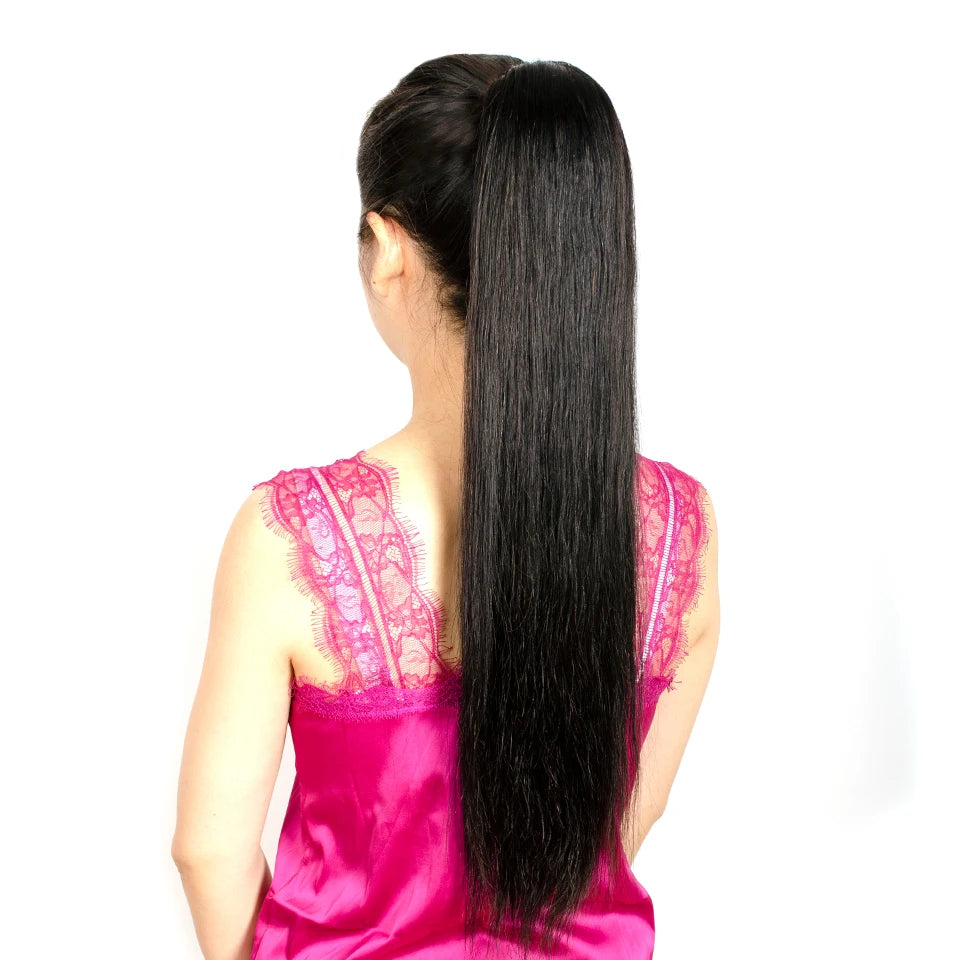 Aliballad Brazilian straight human hair drawstring ponytail clip-in extension with two combs, 150g