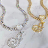 New A-Z Cursive Letter Heart Pendant Iced Out Cuban Necklace For Women Initial Zircon Link Chain Necklace Choker Hip hop Jewelry