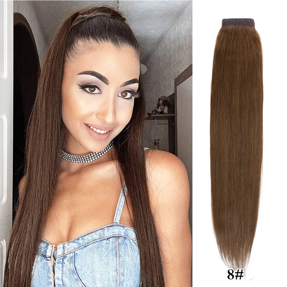 Straight Brazilian Remy human hair wrap-around ponytail extension in black, 100% human hair, 60–150g