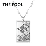 Stainless steel Dawapara Tarot Cards necklace featuring major arcana symbols, divination charm jewelry for women.