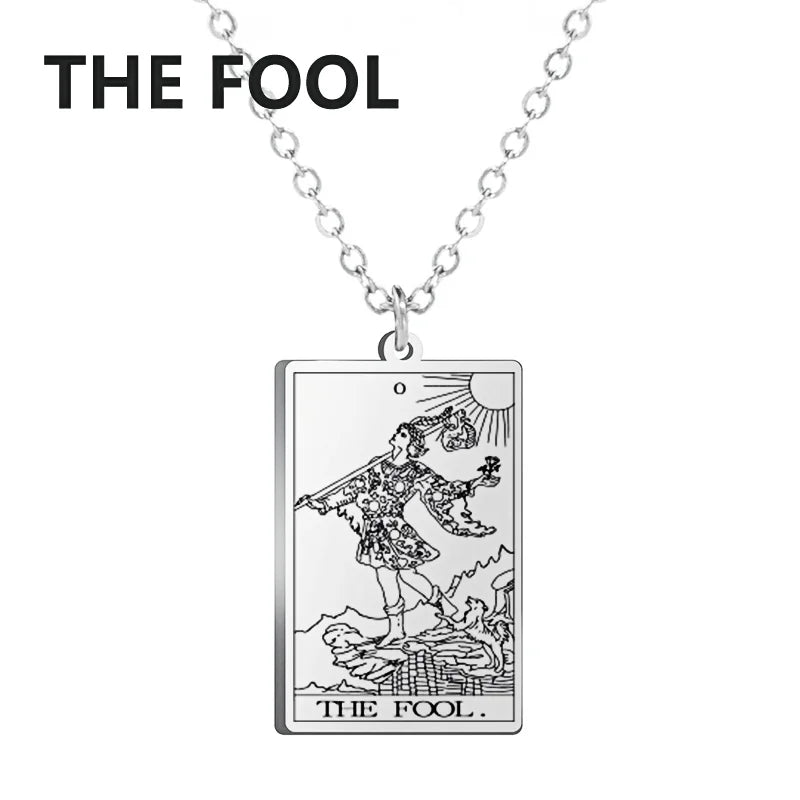 Stainless steel Dawapara Tarot Cards necklace featuring major arcana symbols, divination charm jewelry for women.