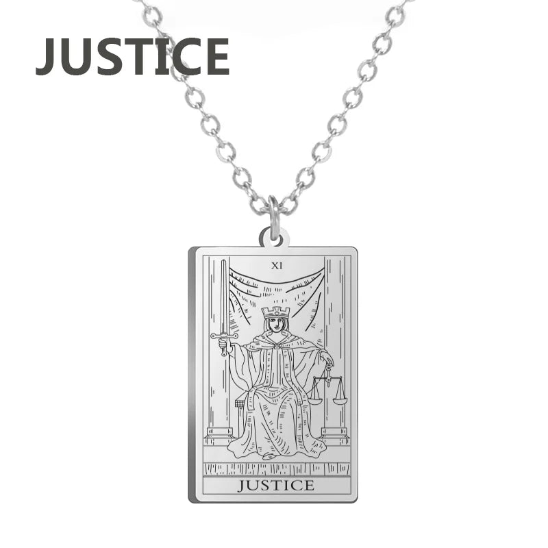 Stainless steel Dawapara Tarot Cards necklace featuring Major Arcana design, divination charm jewelry for women.