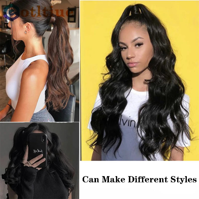 HSF Marketplace 12A Remy human hair drawstring ponytail extension in natural black curly wave texture