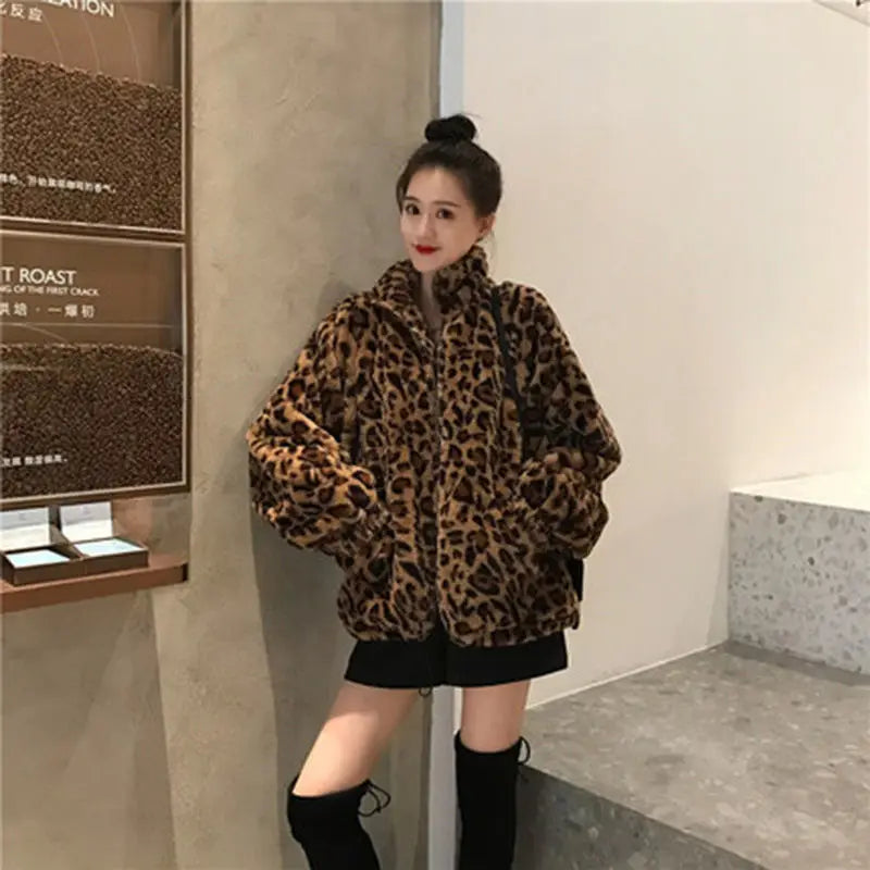 Women's leopard print faux fur parka jacket, warm hooded winter coat by HSF Marketplace