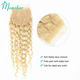 4x4 Closure with 613 Blonde Color Deep Wave Hair 100% Remy Human Hair Bundles Brazilian Hair Weave Bundles with Lace Closure 4x4