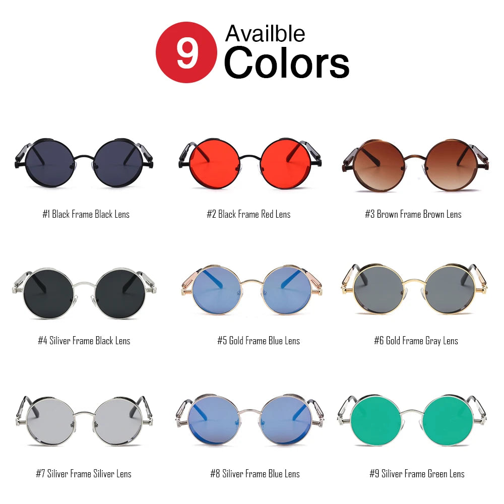 Vintage VIVIBEE steampunk red sunglasses with round alloy metal frames, gothic style shades for men and women.