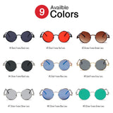 Vintage VIVIBEE steampunk red sunglasses with round alloy metal frames, gothic style shades for men and women.