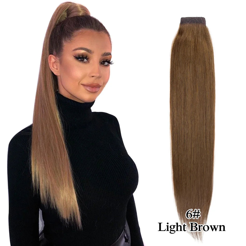 Straight Brazilian Remy human hair wrap-around ponytail extension in natural black, 100% human hair.