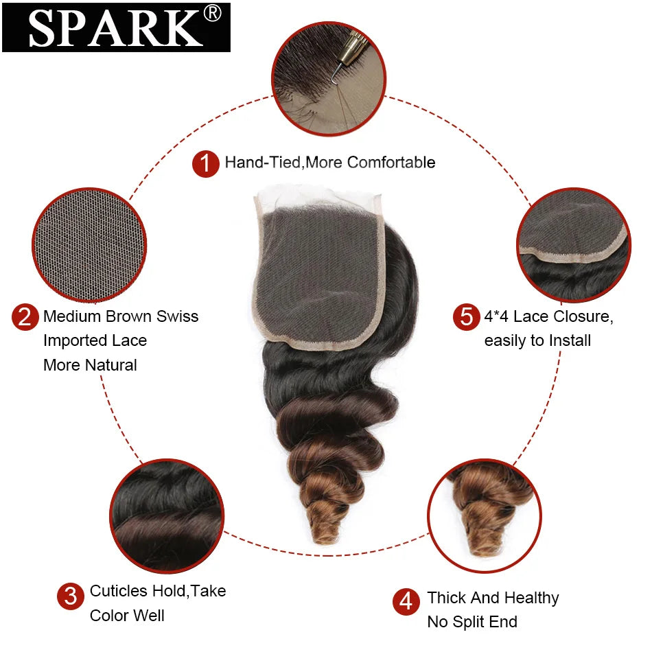 Spark Ombre Peruvian Loose Wave Bundles with Closure Remy Hair Extension Human Hair Bundles with Closure