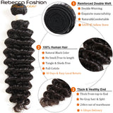 Three Rebecca Brazilian Deep Wave human hair bundles with curly texture and a transparent lace closure from HSF Marketplace.