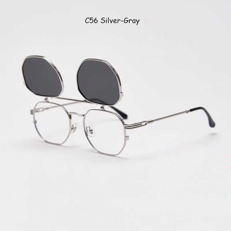 Vintage punk-style Mimiyou polarized polygon sunglasses for women and men with UV400 protection and flip-up lenses.