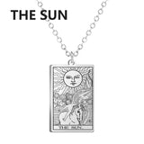Stainless steel Dawapara Tarot Cards necklace featuring Major Arcana symbols, elegant jewelry charm for women.