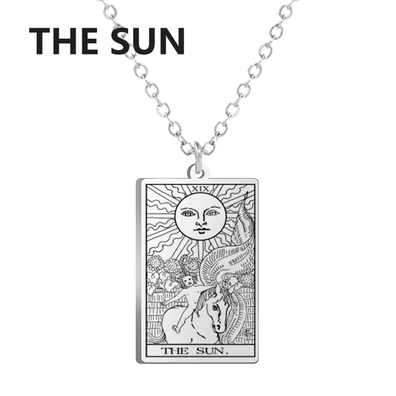 Stainless steel Dawapara Tarot Cards necklace featuring Major Arcana symbols, elegant jewelry charm for women.