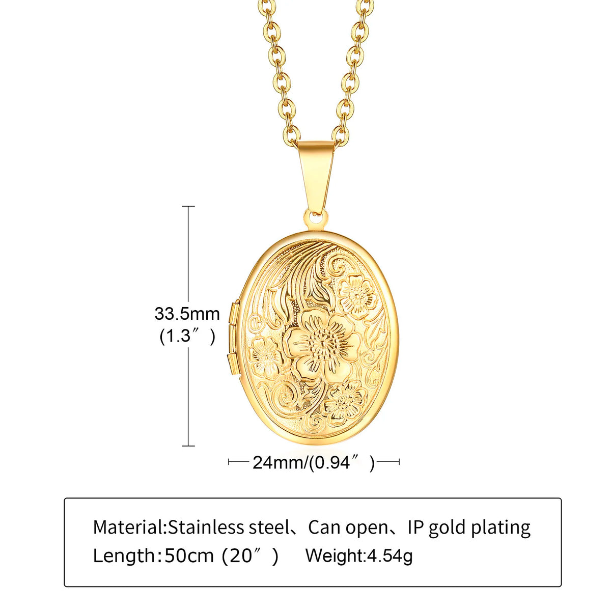 Floral oval heart locket pendant necklace for women by HSF Marketplace, gold-tone floral design