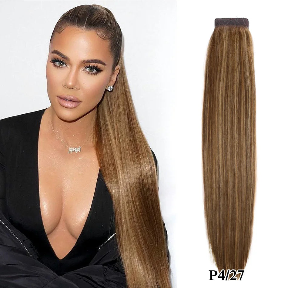 Straight Brazilian Remy human hair wrap-around ponytail extension, 60/100/120/150g in natural brown