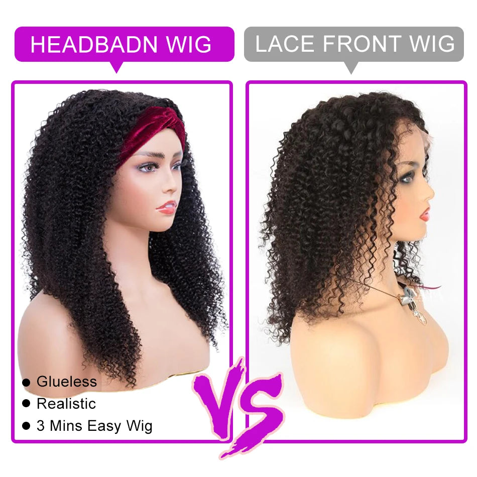 Celiehair kinky curly headband wig, Brazilian human hair, shown on a white background