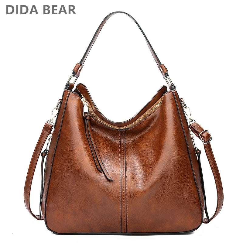 Leather hobo bag by HSF Marketplace featuring a large capacity tote with shoulder strap, vintage style for women.
