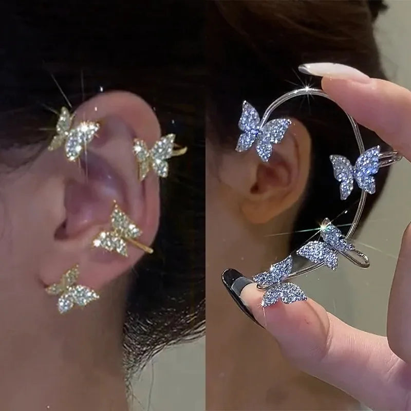 Korean-style sparkling zircon butterfly ear cuff clip earrings for women, non-piercing wedding party jewelry