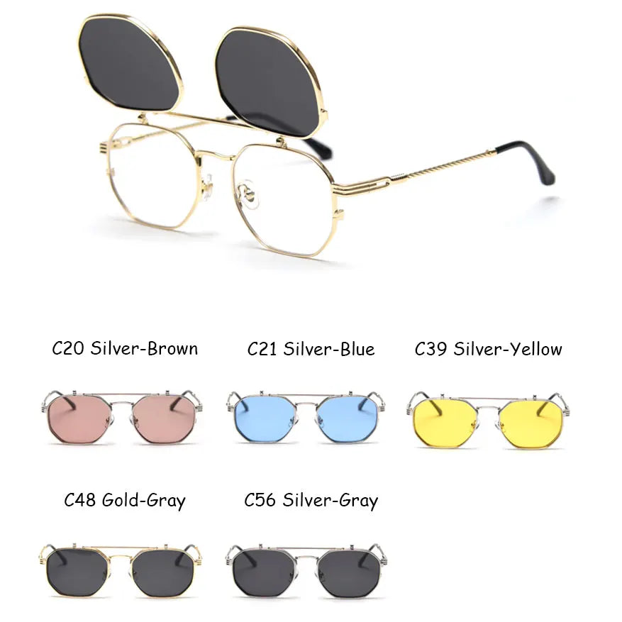 Polarized polygon flips-up sunglasses for women and men with UV400 protection, vintage punk style, brand HSF Marketplace.
