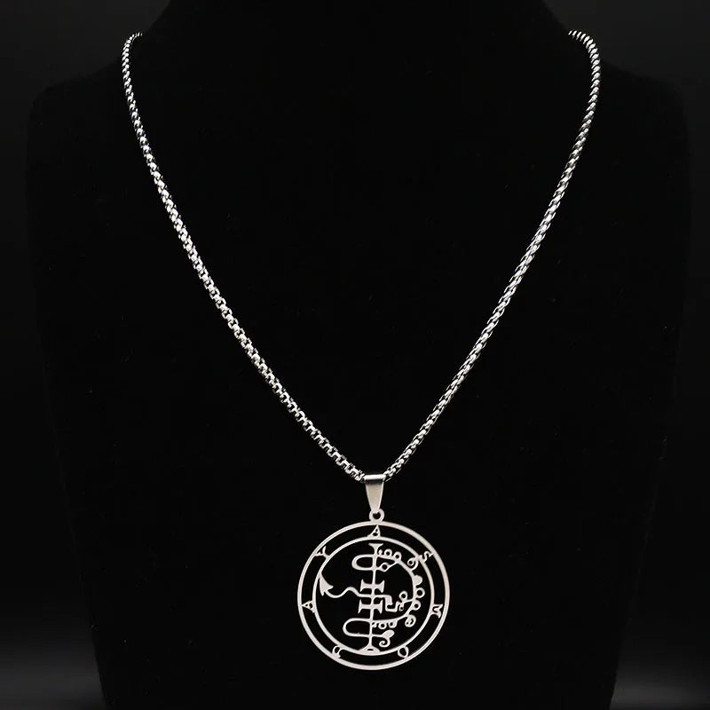 Stainless steel Satan necklace featuring Sigil de Lucifer and Baphomet stamp design, with chain jewelry for gothic fashion style.