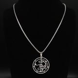 Stainless steel Satan necklace featuring Sigil de Lucifer and Baphomet stamp design, with chain jewelry for gothic fashion style.