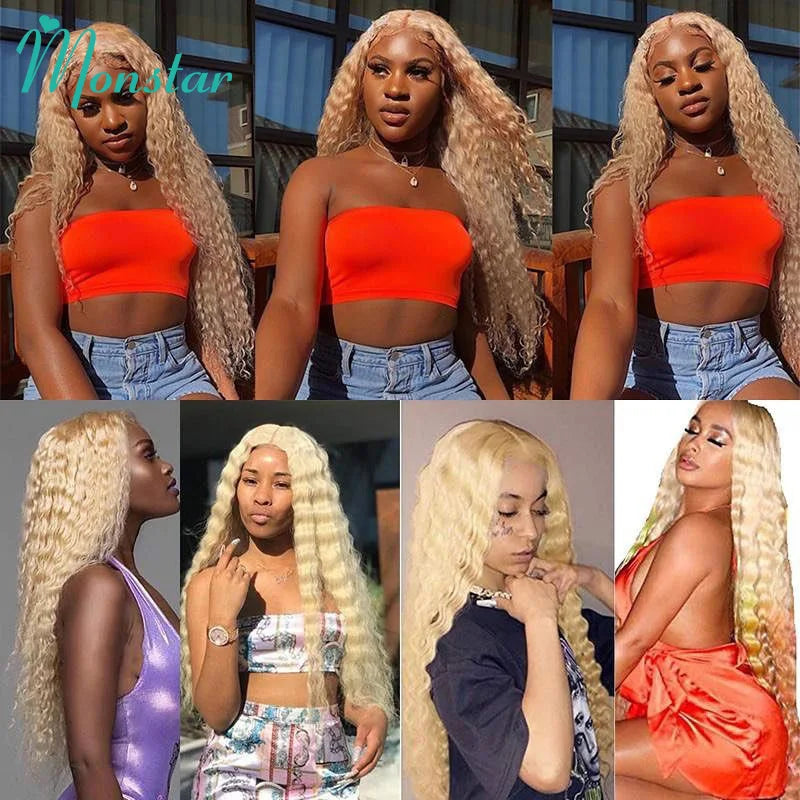 4x4 Closure with 613 Blonde Color Deep Wave Hair 100% Remy Human Hair Bundles Brazilian Hair Weave Bundles with Lace Closure 4x4